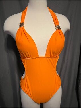 Vibrant Orange Halter One-Piece Swimsuit